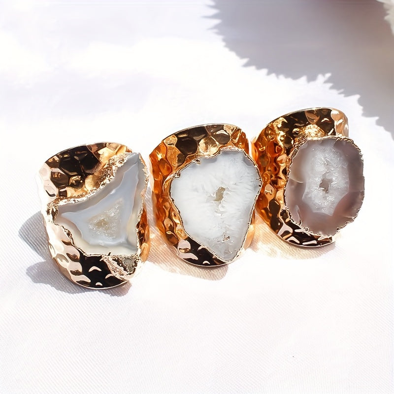 Women's Natural Onyx Geode Adjustable Ring with Copper Frame and Agate Crystal