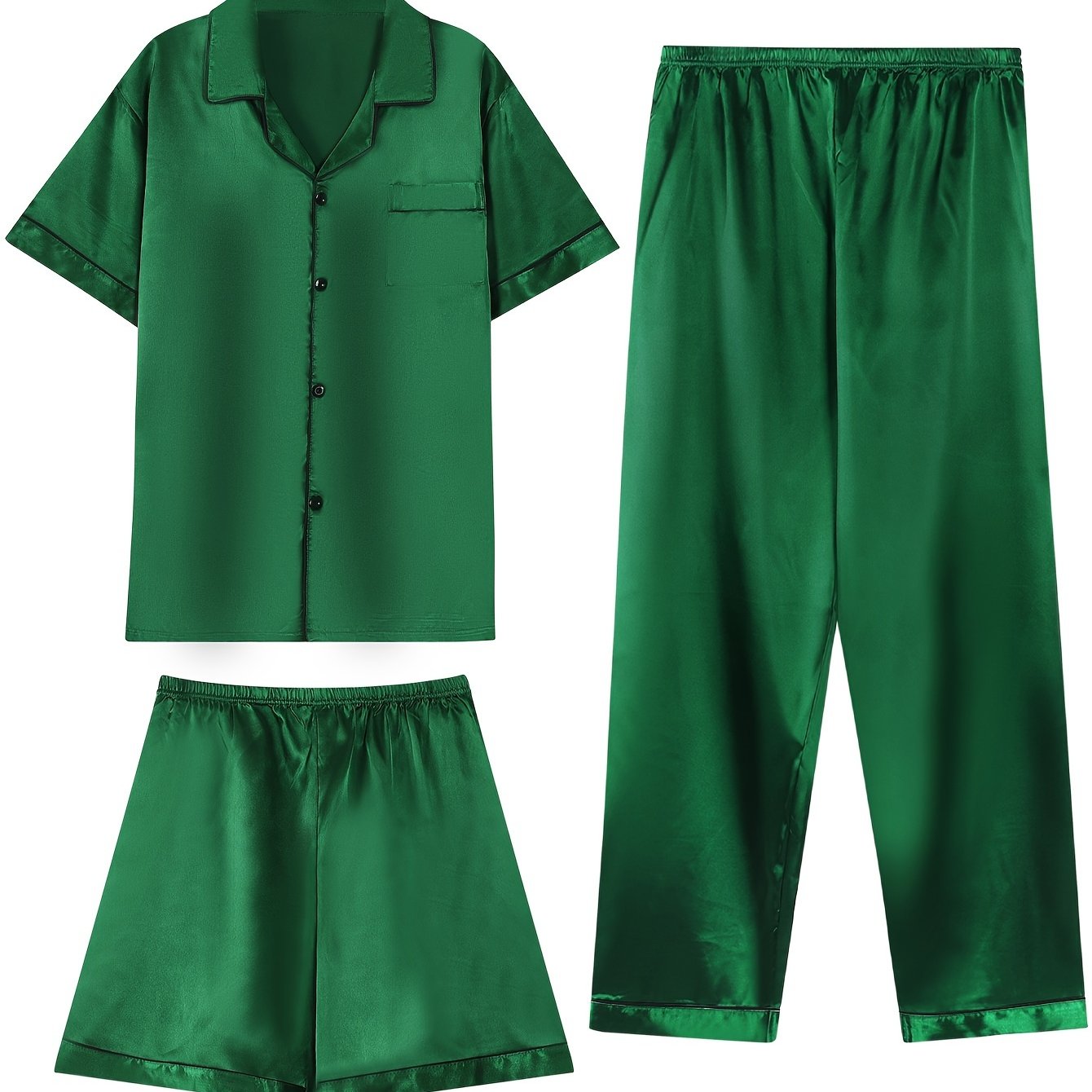 3 ta erkaklar uchun yengli, shortli va engil uzun shimli uyqu kiyimlari. Oddiy va norasmiy yozgi kiyim uchun ideal, bir rangda va kardigan yaka bilan.