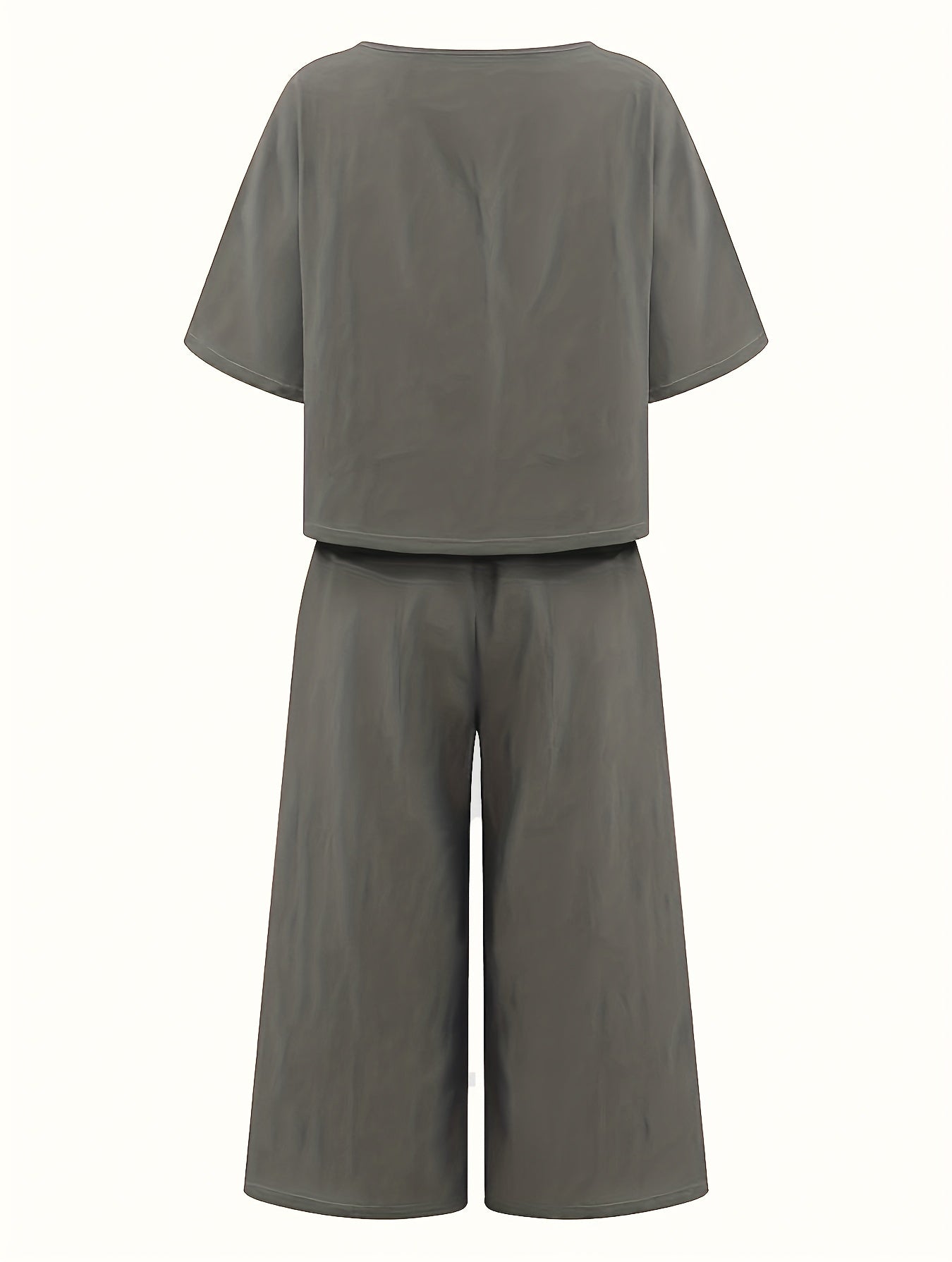 Women's Casual Solid Polyester Crew Neck T-Shirt and Wide Leg Pants Set