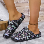 Women's Butterfly Print Black Ankle Boots with Non-slip Flat Soles