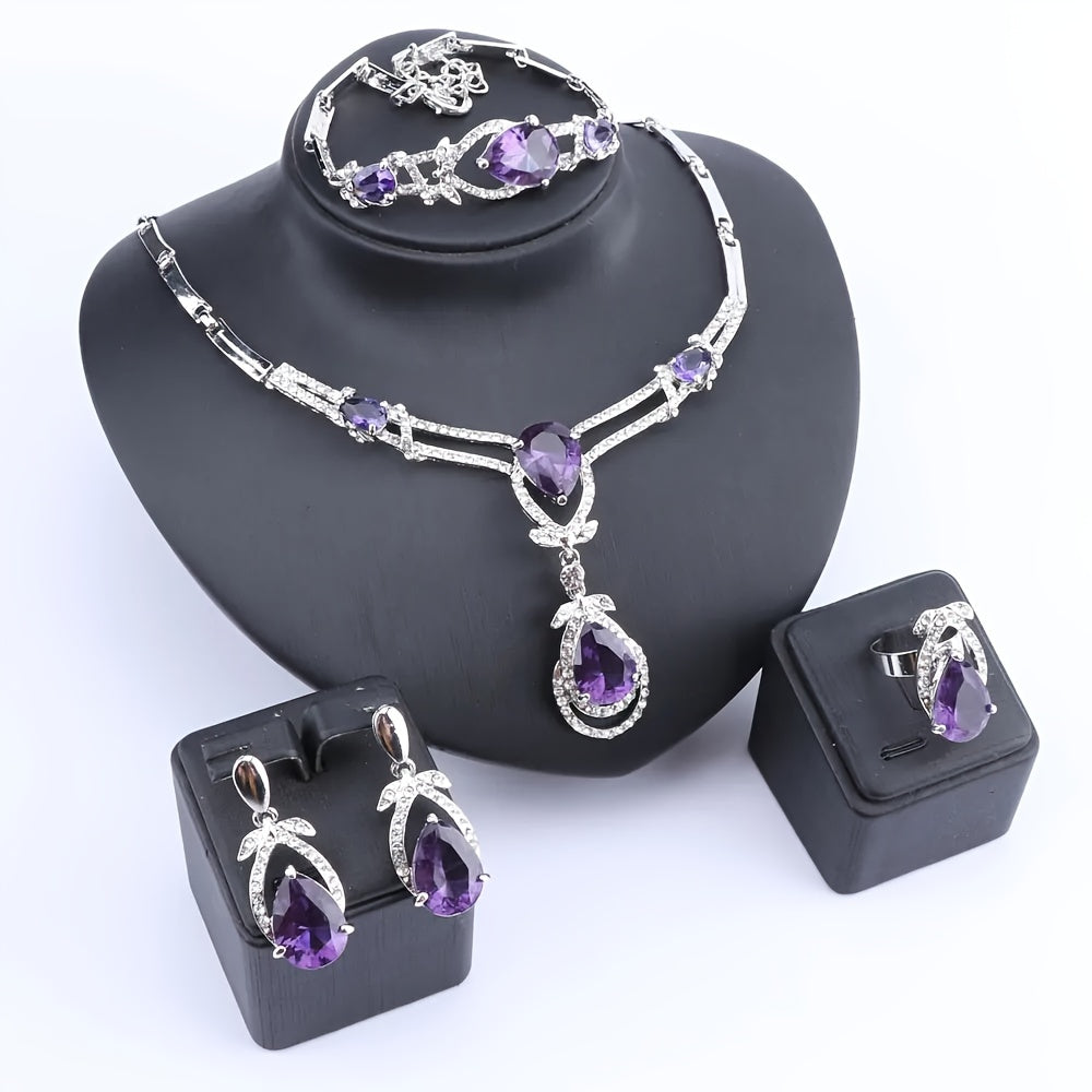 Women's Purple Gold Synthetic Zircon Jewelry Set Necklace Bracelet Earrings Ring for Parties Bridal