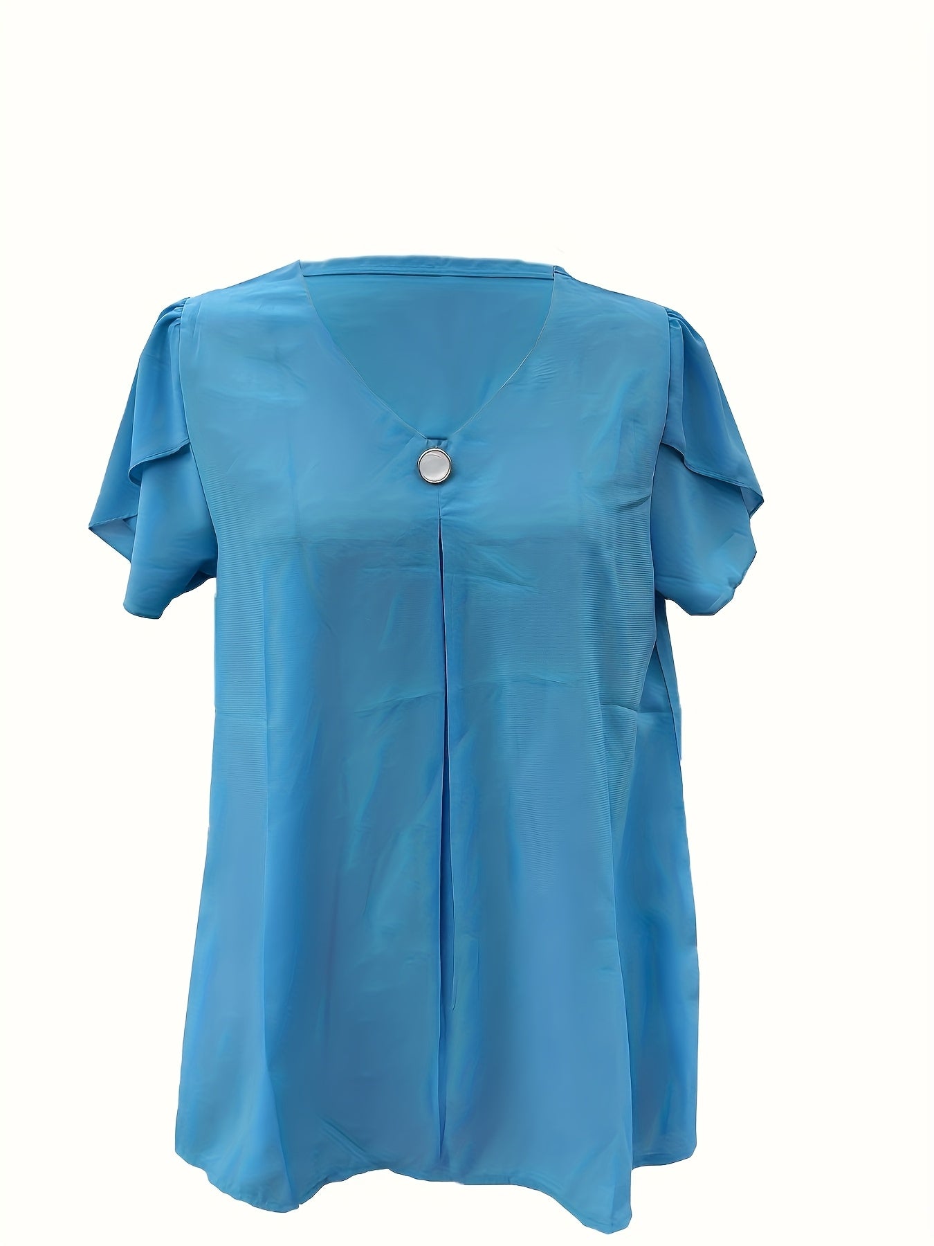 Women's Chiffon V-Neck Blouse with Ruffles Short Sleeves Elastic Waist Solid Color