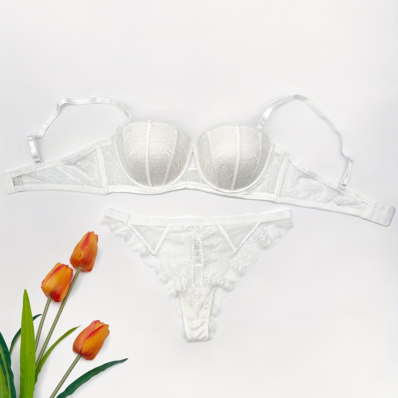 Women's Floral Lace Embroidered Push-Up Lingerie Set with Adjustable Bralette and Panty