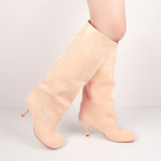 Women Beige Wide Calf Dress Boots Square Toe Slip-On High Heel