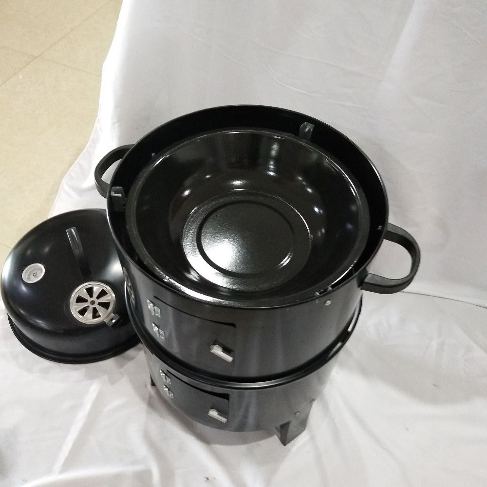 Portable outdoor BBQ grill and smoker with foldable design, integrated smoker box, ideal for camping and tailgating, insulated structure