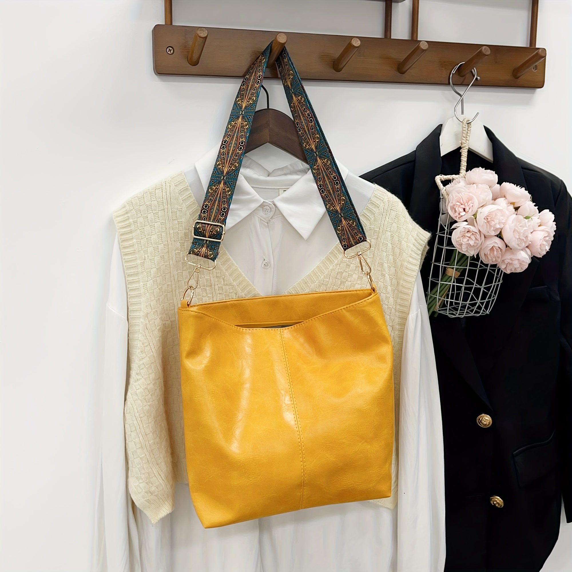 Bohemian Style Geometric PU Leather Hobo Bag for Going Out Light Brown