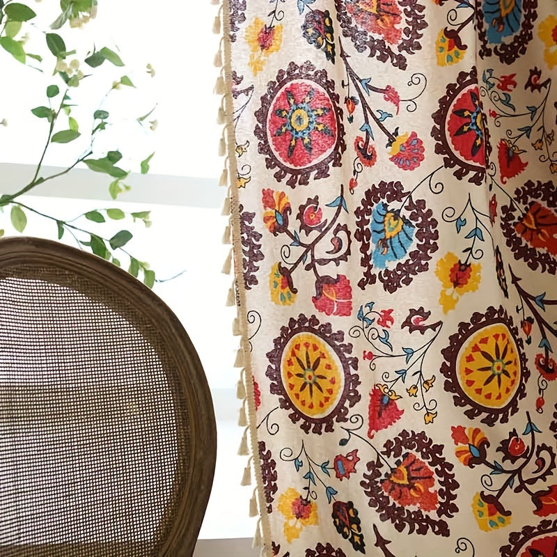 Cortina boho floral semi-oscura para sala de estar, poliéster resistente al agua