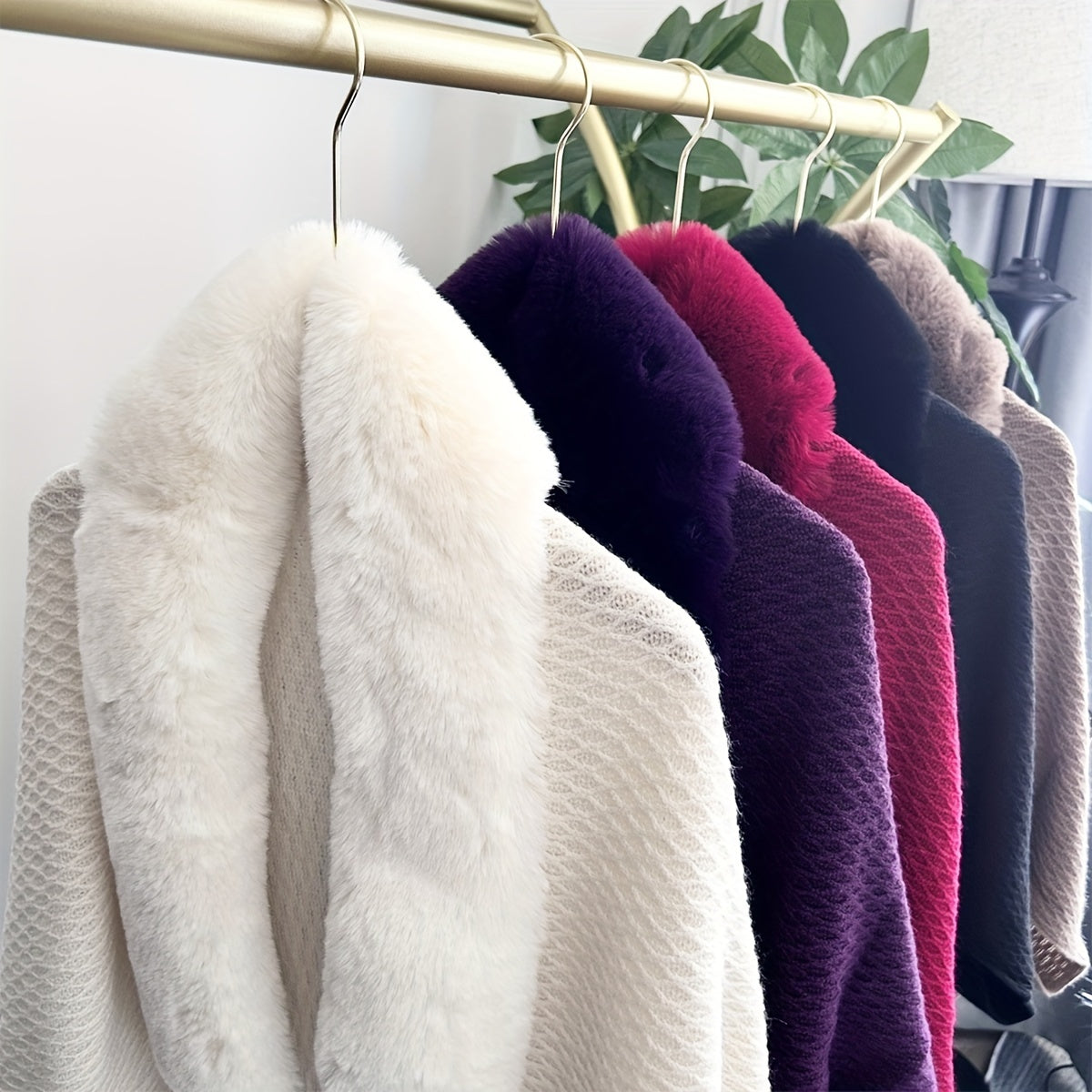 Women's Faux Fur Collar Shawl Thick Polyester Jacquard Tassels Windproof Casual