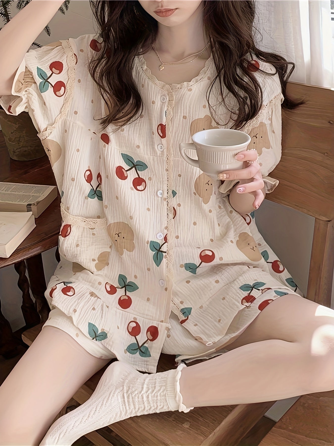 Women's Pajama Set with Cherry Bear Dot Print Lace Trim Short Sleeve V-Neck Summer