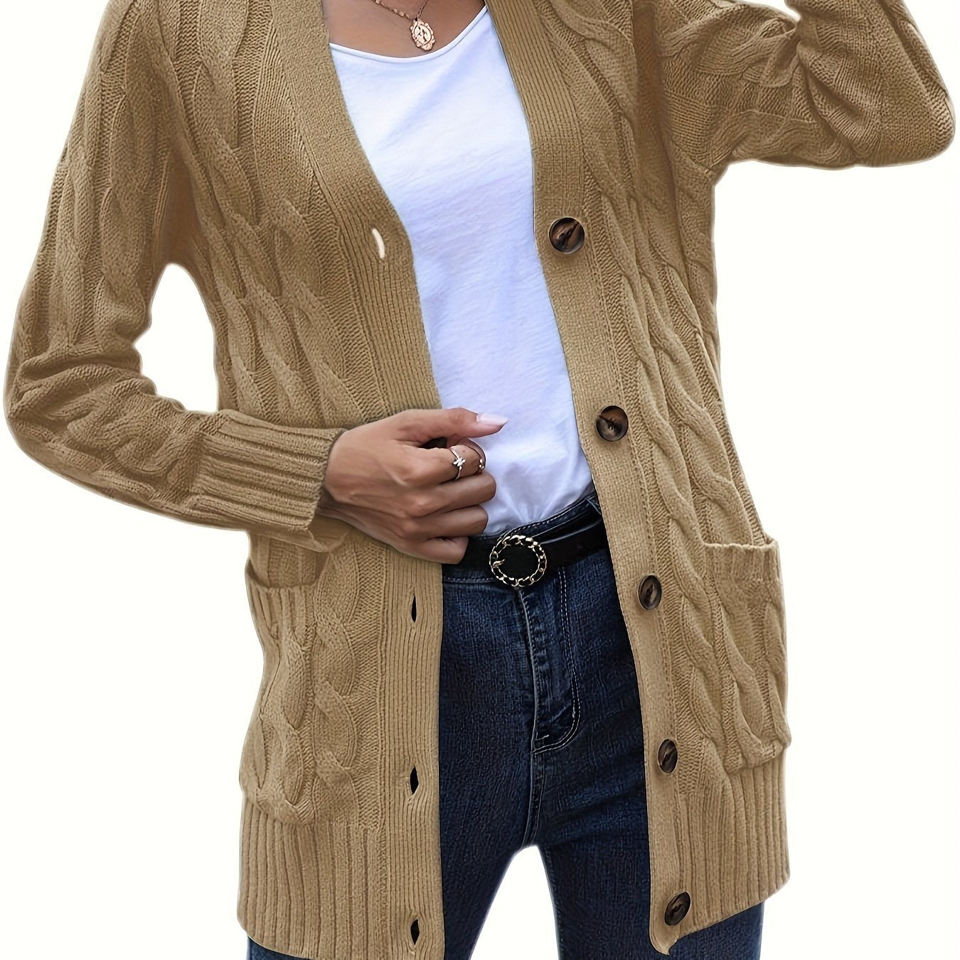 Plus o'lchamdagi ayollar uchun kabel to'qilgan uzun qo'lqopli kardigan, tugmachali