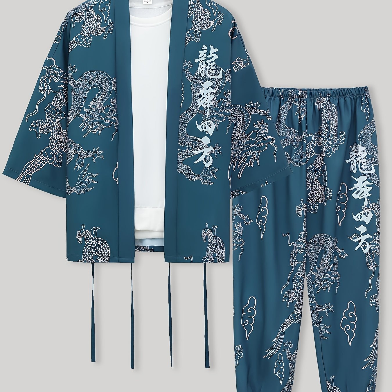 Men's Dragon Print Kimono Robe Set Casual Polyester Loungewear with Matching Pants for Spring Autumn