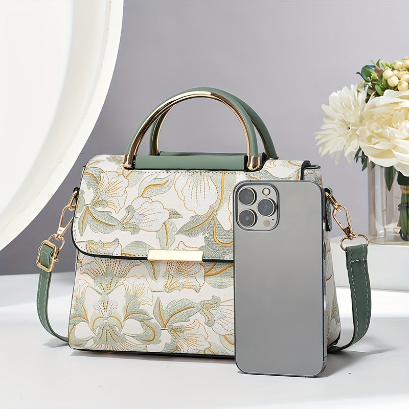 Large Capacity Floral Embroidered Crossbody Bag with Zipper Closure and Polyester Lining