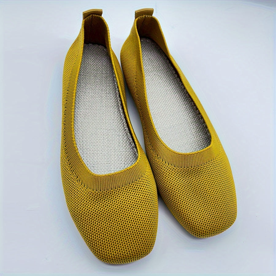 Women's Knit Flat Shoes Breathable Slip-On Square Toe Ballet Flats