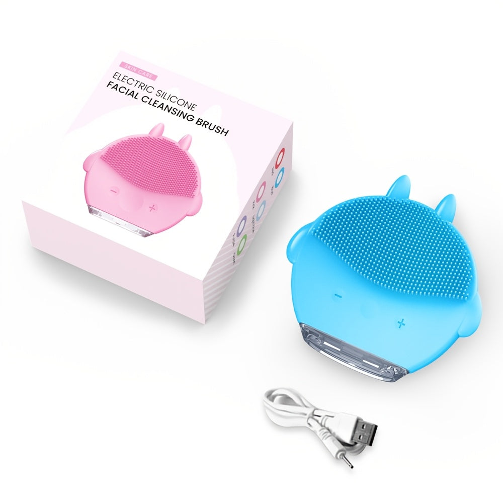 Mini Cartoon Electric Face Brush with 12 Massage Modes USB Rechargeable Exfoliating Skincare Tool