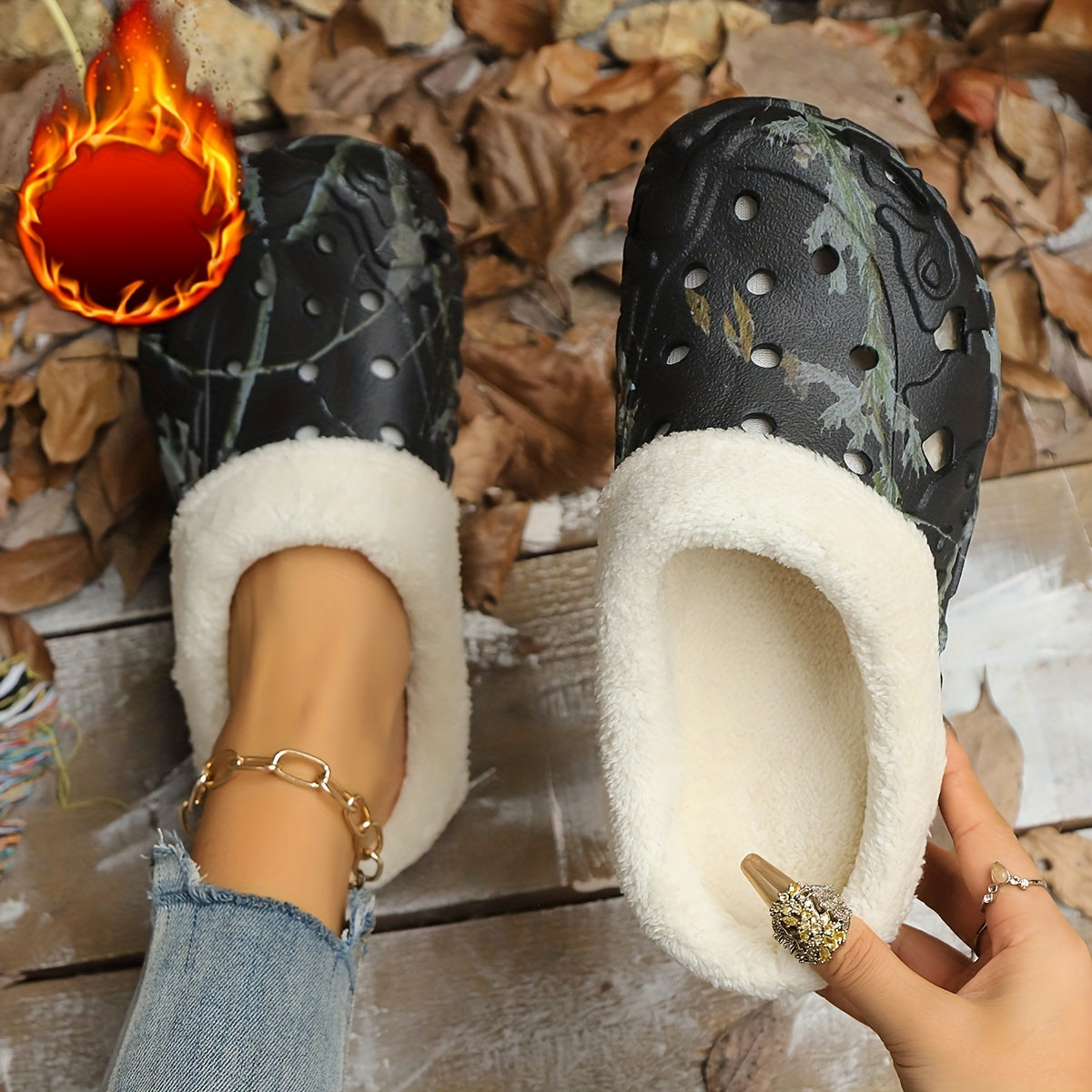 Women's Camouflage EVA Slip-On Shoes with Plush Faux Fur Indoor Outdoor