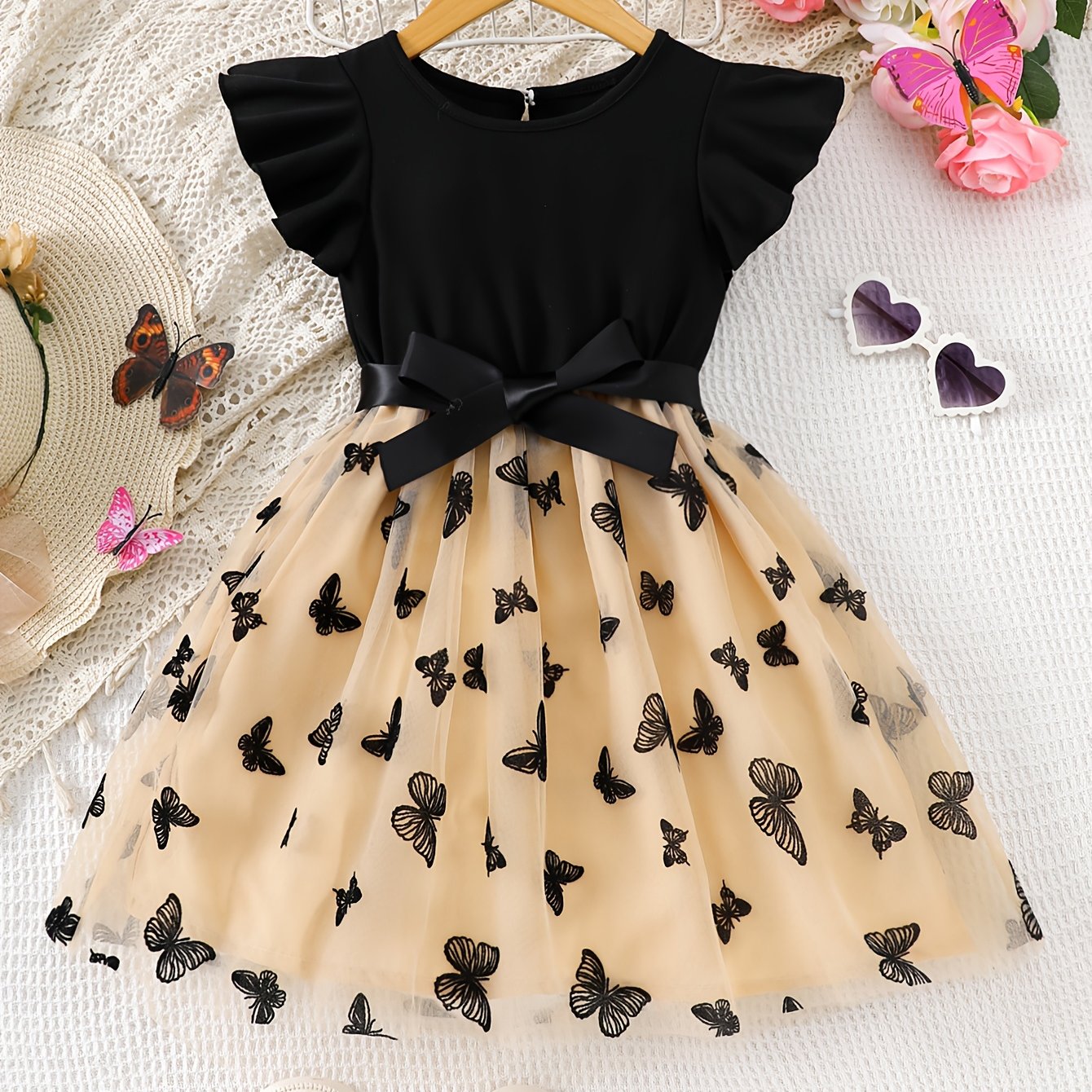Girls' Casual Polyester Dress with Butterfly Tulle Overlay Ruffle Sleeves Crew Neck for Spring Summer Fall