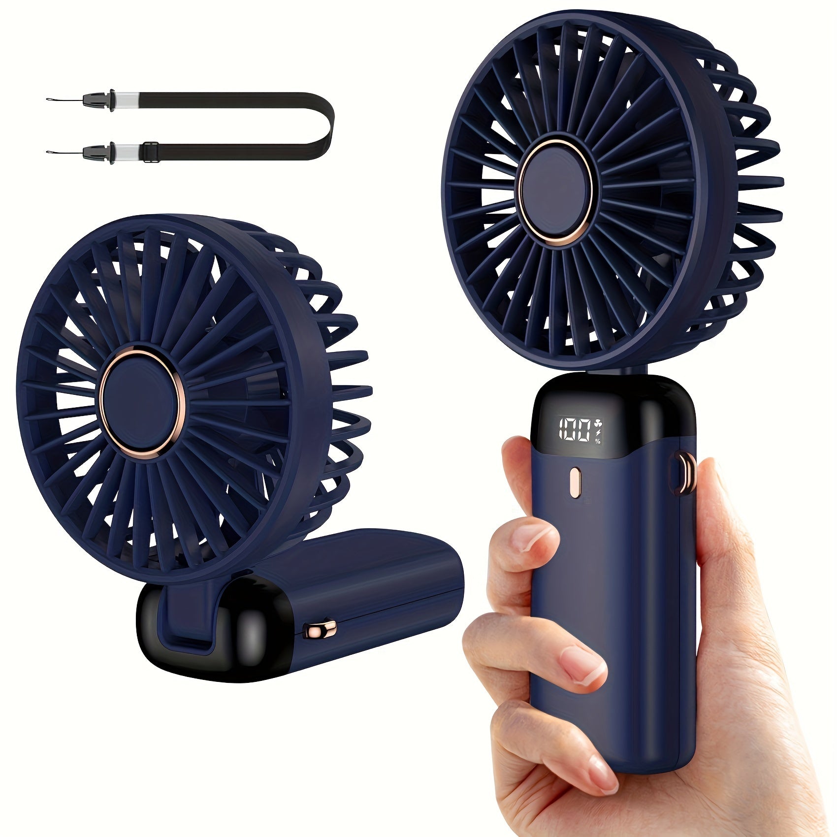 Portable Mini Fan with LED Display, 5-Speed USB Rechargeable, Foldable, Touch Control