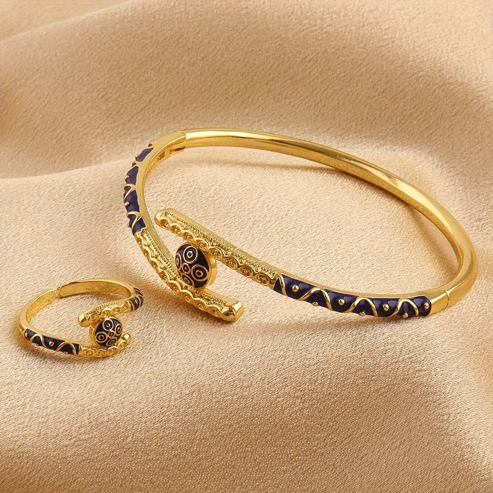 Women Boho Tribal Style Copper Cuff Bracelet and Adjustable Ring Set Gold Plated