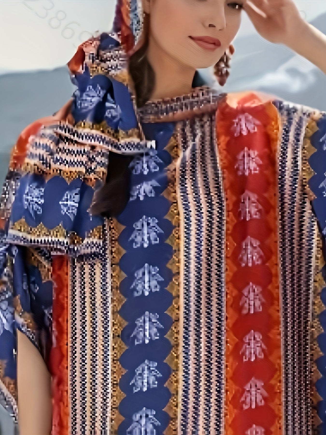 Vestido caftán con estampado geométrico para mujer con bufanda, ajuste holgado, para todas las estaciones, marrón y blanco