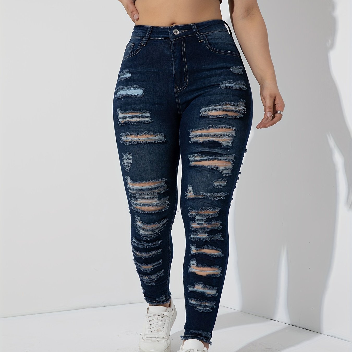 Jeans ajustados rasgados de talla grande para mujer con gran elasticidad y estilo casual