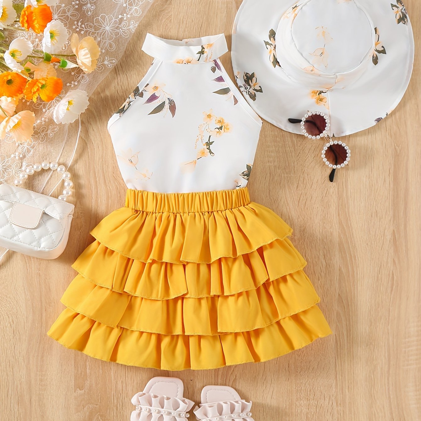 Girls Floral Garter Top Layered Skirt Summer Outfit for Young Girls