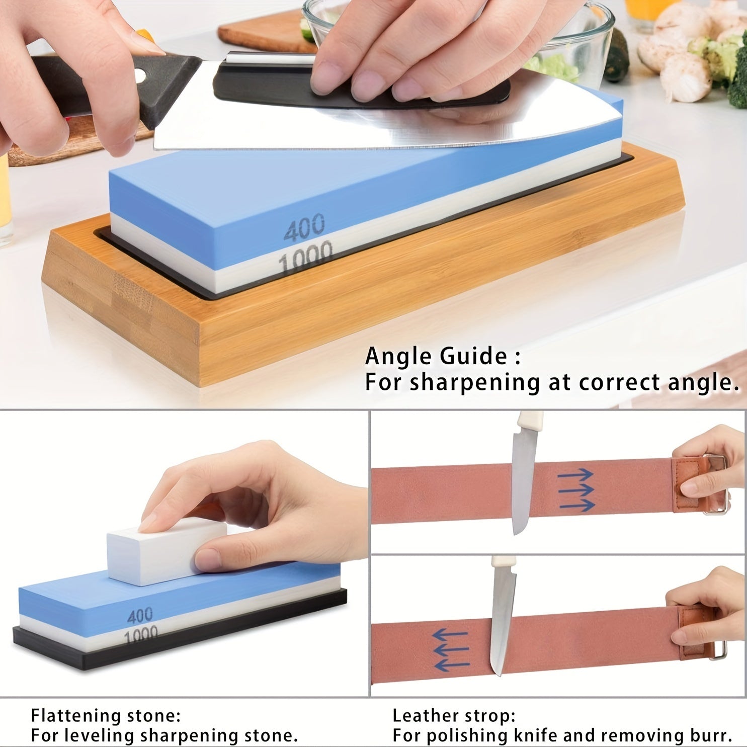 Knife Sharpening Kit 8 Pieces Whetstone Bamboo Holder Angle Guide Strop