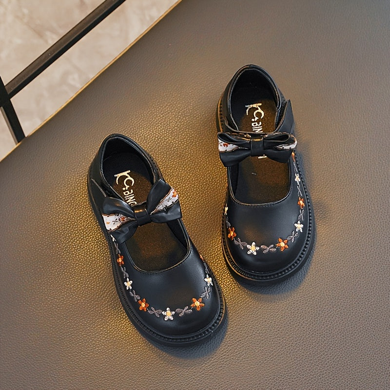 Girls' Mary Jane Shoes Fall 2024 Floral Embroidery Bow Non-Slip Rubber Sole