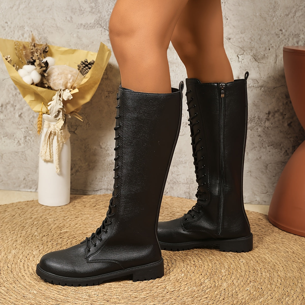 Women's Knee-High Boots Casual Western Style Solid Color Round Toe Mid-Heel