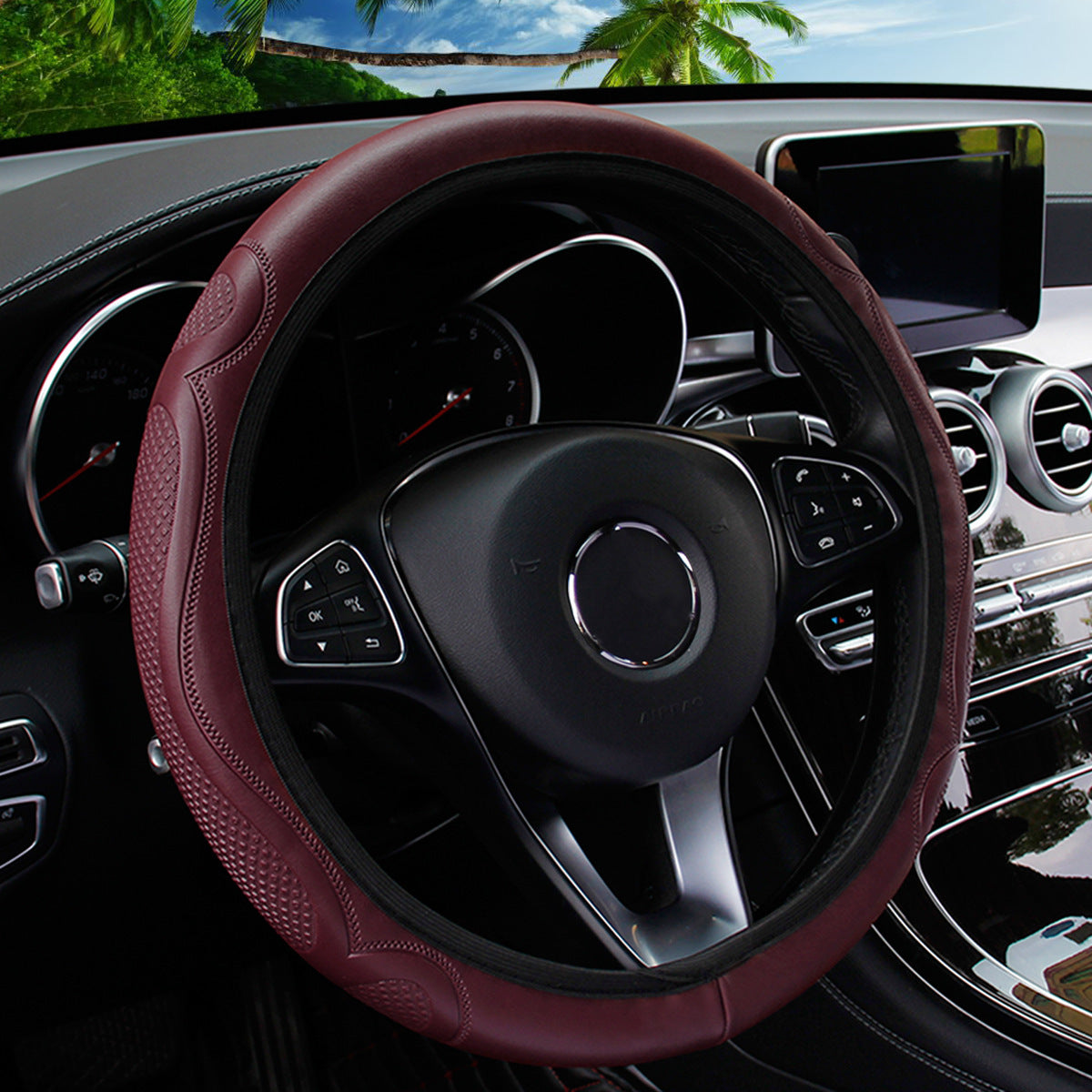 Universal Non-Slip PU Leather Steering Wheel Cover Black Red Stitching 36-38cm