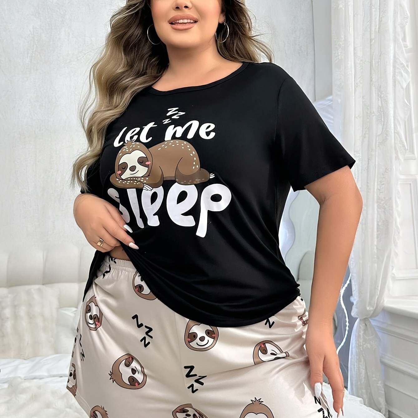 Plus Size Women's Pajama Set Short Sleeve Crew Neck Top Shorts Lounge Sleepwear