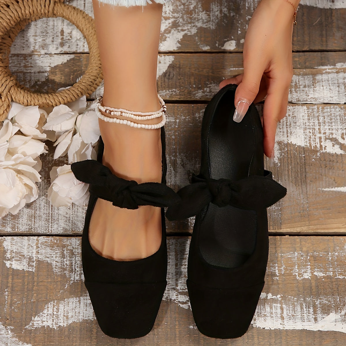 Women's Mary Jane Flats with Bowknot Solid Color Slip-On Dress Shoes