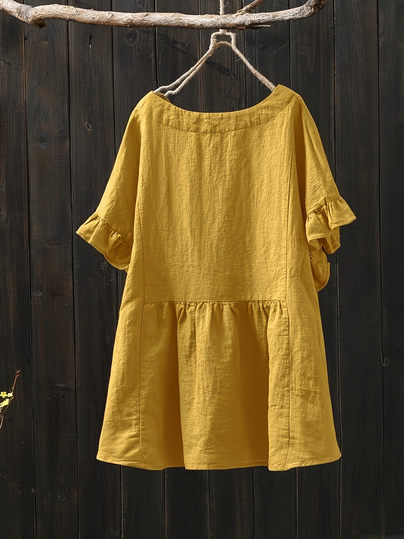 Plus Size Women's Yellow V-Neck Blouse Ruffled Sleeves Tie Waist Casual