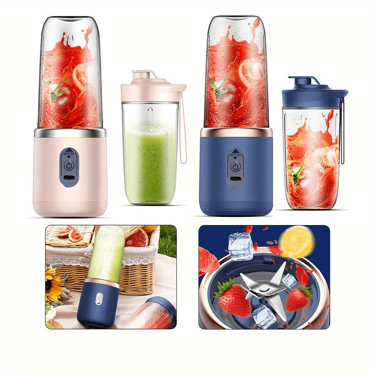 Portable Electric Juicer Blender Cup 400ml with 6-Blade Dual Cup USB-C Charging