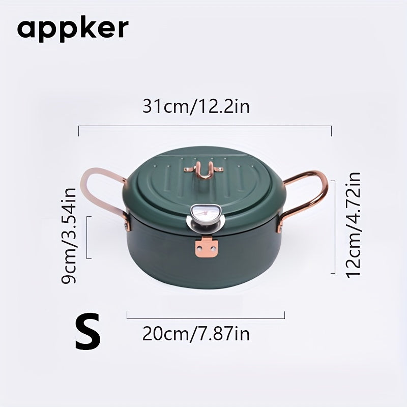 Deep Fryer with Thermometer Non-Stick Carbon Steel Large Green Pan Lid and Oil Drip Rack
