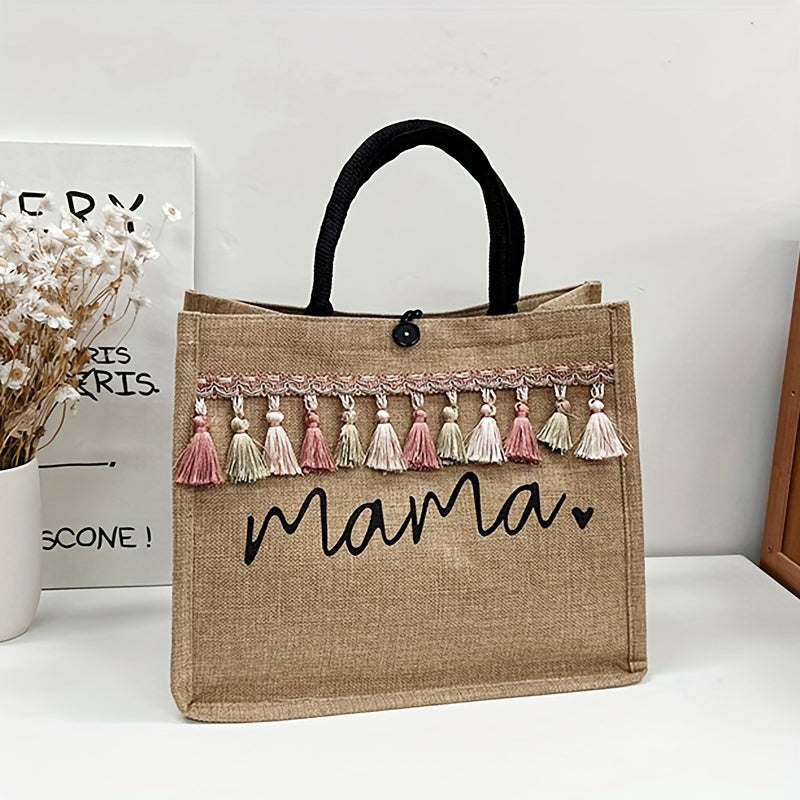 Linen Shoulder Bag for Women with Letter Print Spacious Travel and Shopping Bag