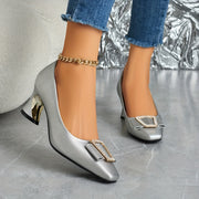 Ladies Small Square Toe Buckle High Heels, Comfortable Thick Heels