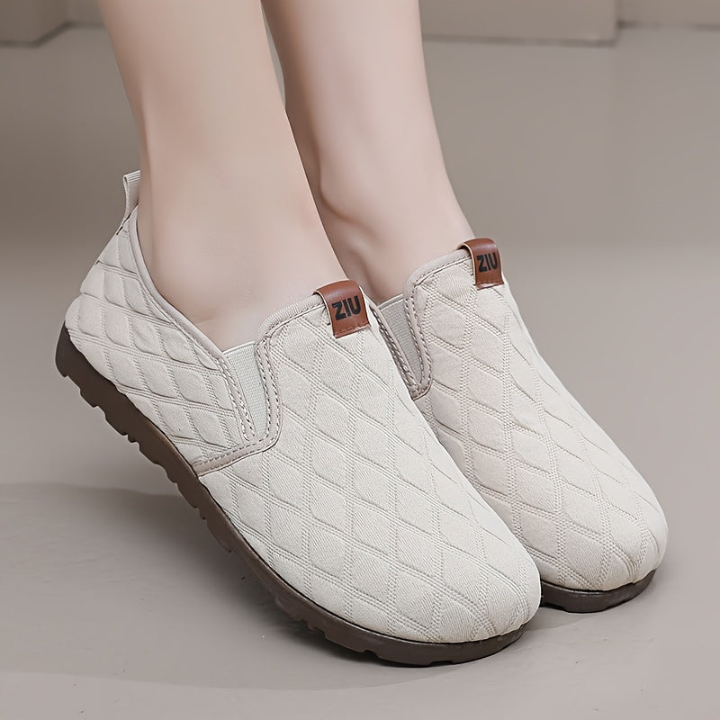 Women's Slip-On Loafers with Soft Sole and Quilted Brown Fabric