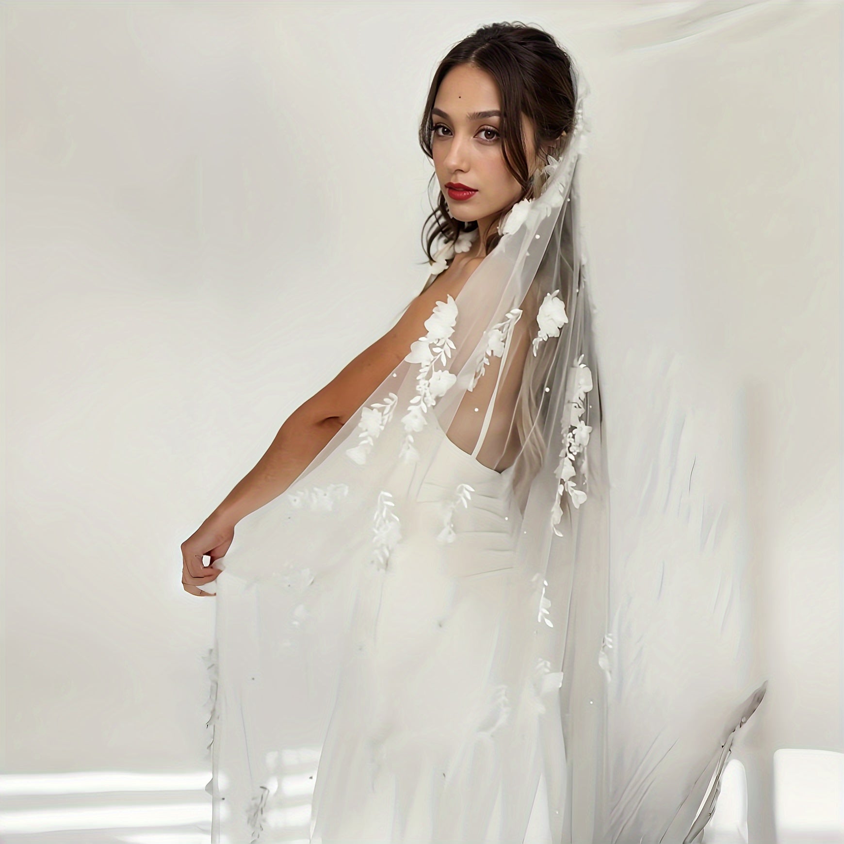 Glamorous Wedding Veil with Handmade Flowers and Pearls 100cm Bridal Accessory