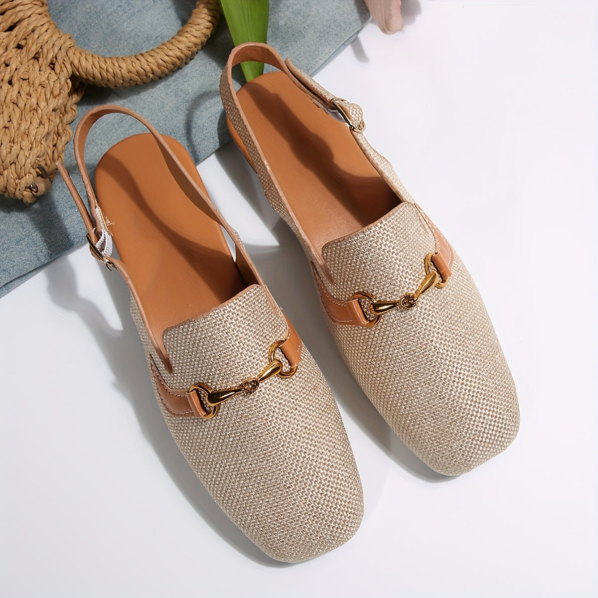 Women's Beige Mary Jane Flats with Buckle Closure Comfortable Square Toe