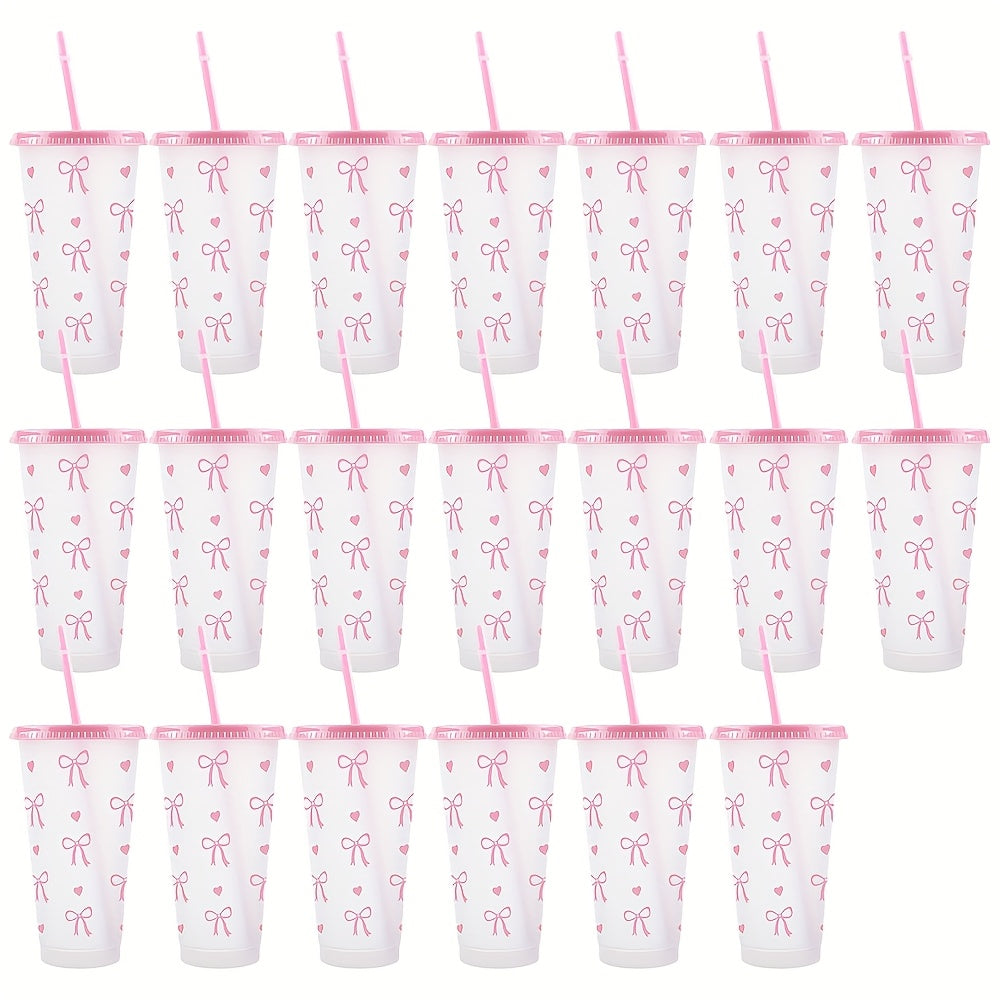 Reusable Plastic Water Cups with Lids and Straws Heart and Bow Print Leak-Proof and Reusable