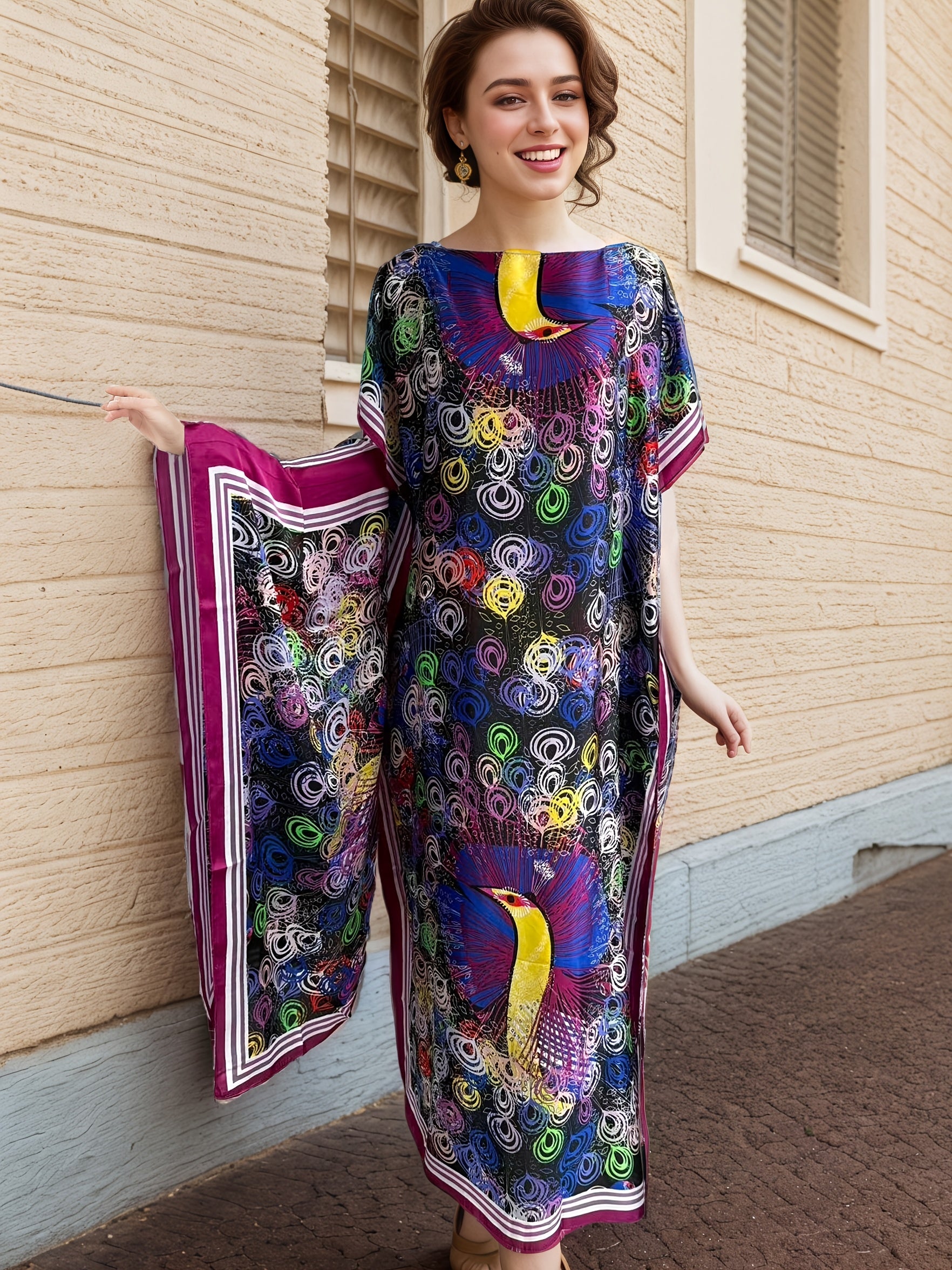 Women Plus Size Long Tunic Dress with Shawl Purple Geometric Print