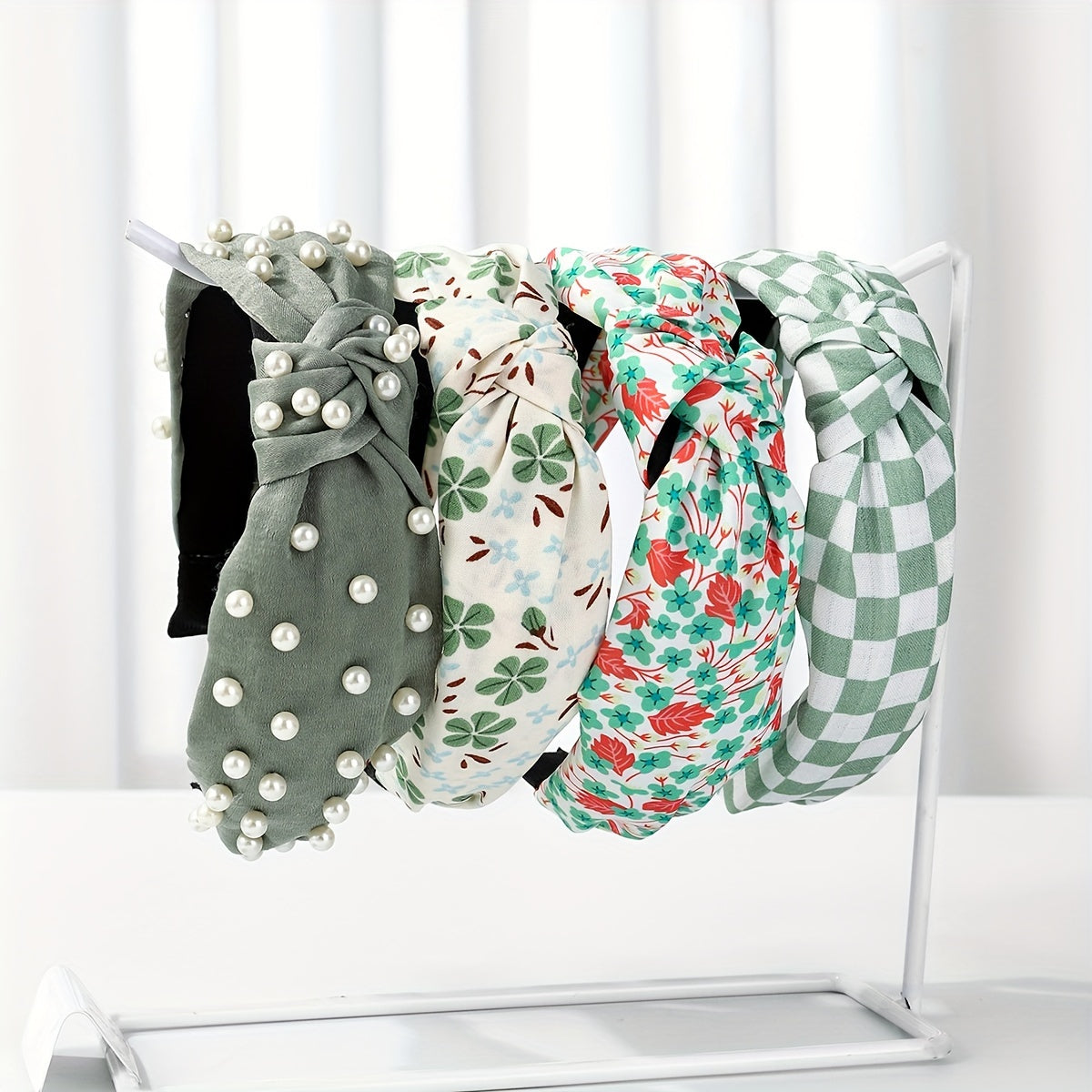 Set of 4 Women's Fabric Floral and Polka Dot Knotted Headbands with Faux Pearl Details