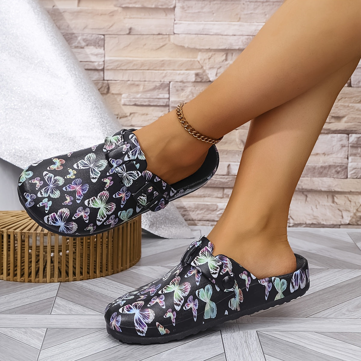 Women's Butterfly Print Black Ankle Boots with Non-slip Flat Soles