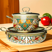 Vintage Enamel Stockpot 30cm Shallow Soup Pot with Lid Handle Induction Compatible