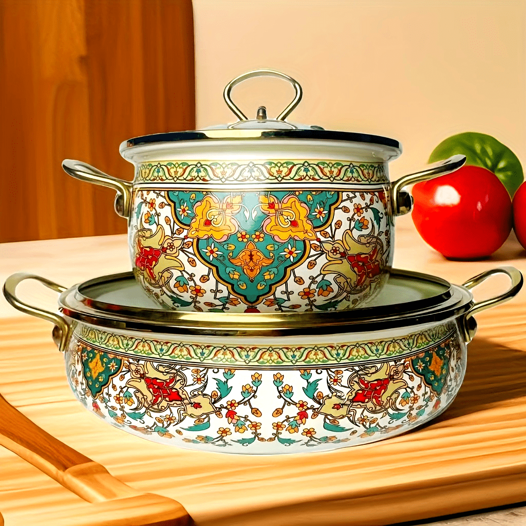 Vintage Enamel Stockpot 30cm Shallow Soup Pot with Lid Handle Induction Compatible