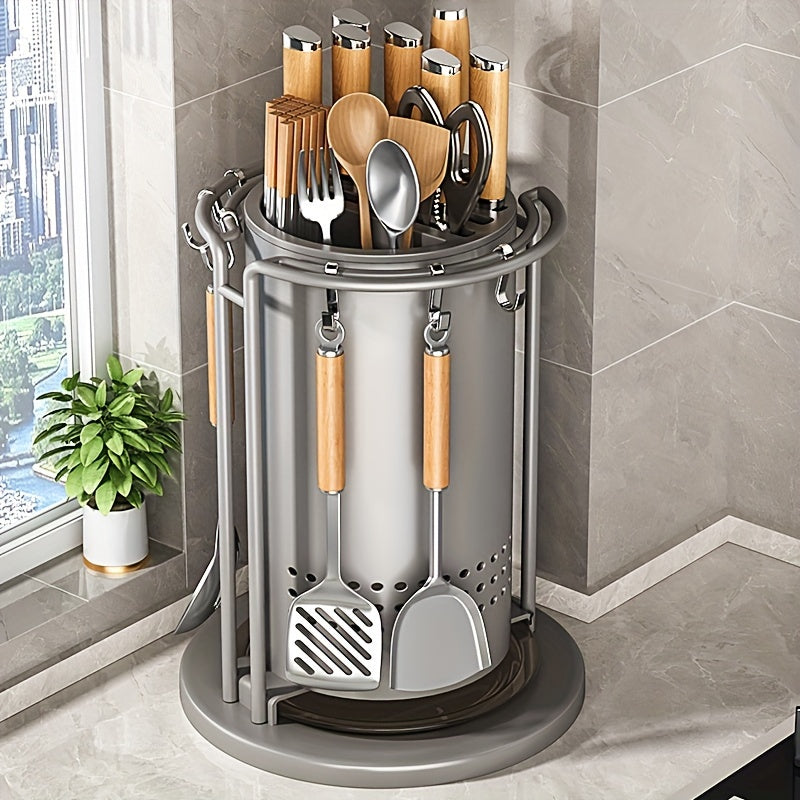 Kitchen Knife Block Set with Rotating Utensil Holder, Space-Saving Storage