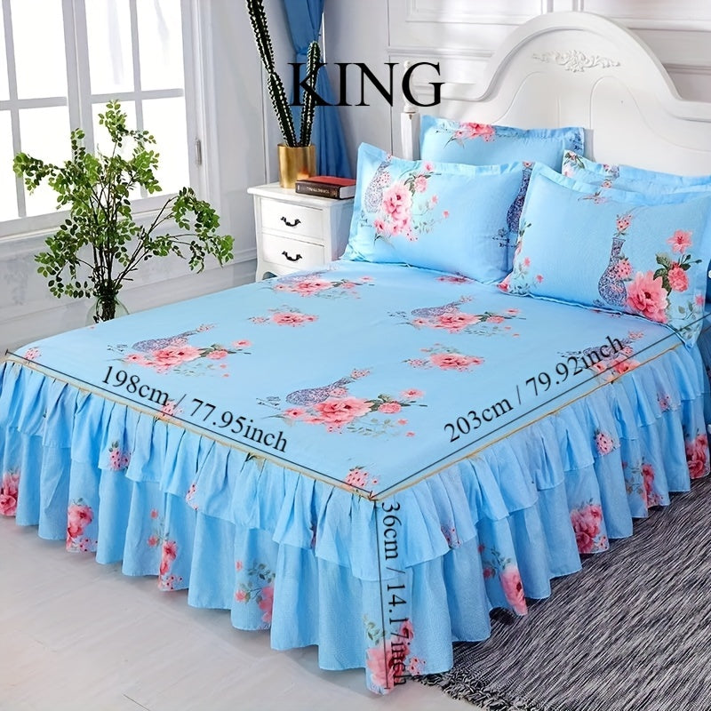 Set of 3 Tropical Floral Bedding Set with Lace Bed Skirt and Pillowcases Ruffled Edges Purple