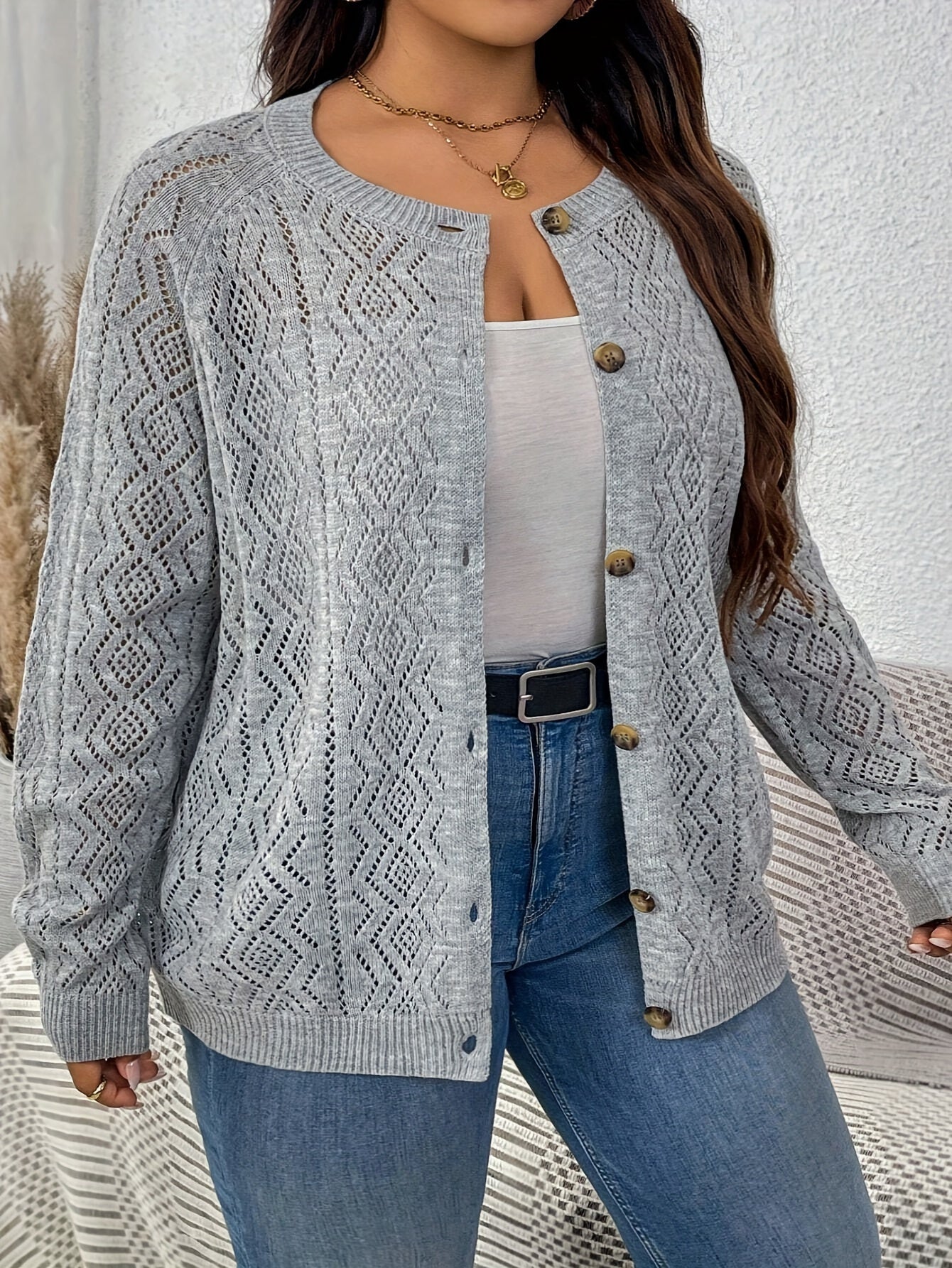 Plus Size Cable Knit Cardigan for Women Long Sleeve Button Front Fall Winter