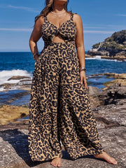 Women's Leopard Print Sleeveless Jumpsuit with V-Neck Shirred Waist