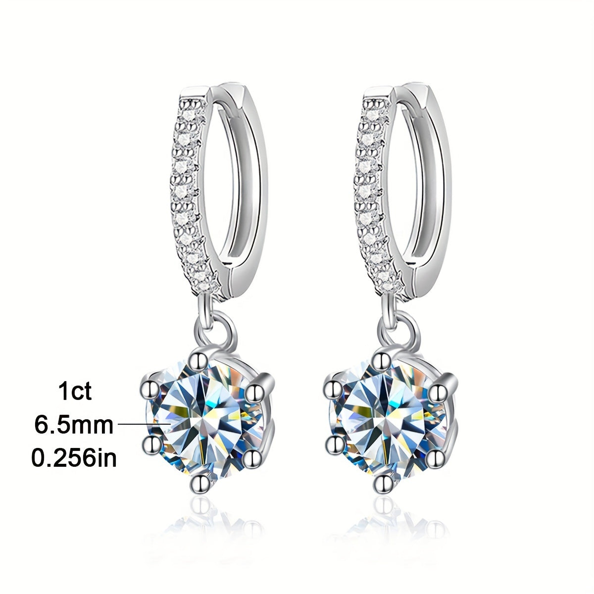 Moissanite Earrings 1CT 2PCS Silver Wedding Valentine's Day Jewelry